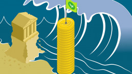 Banks versus gold: bank as a sandcastle and pillar of gold coins