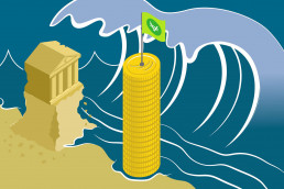 Banks versus gold: bank as a sandcastle and pillar of gold coins