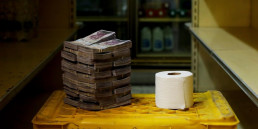Toilet paper roll next to a pile of bills