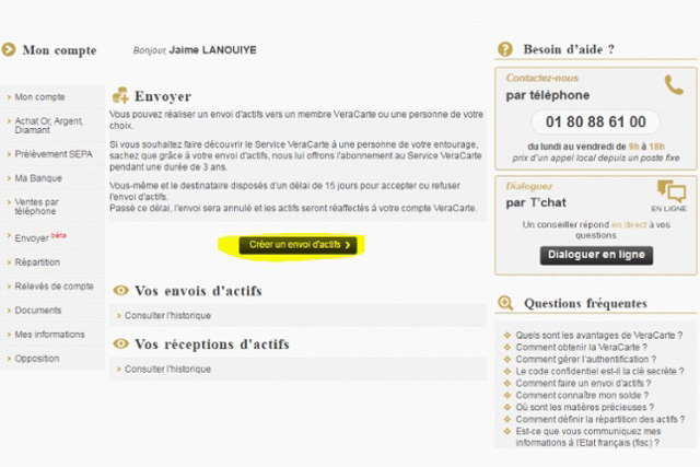 Fonctionnalité envoyer site VeraCarte