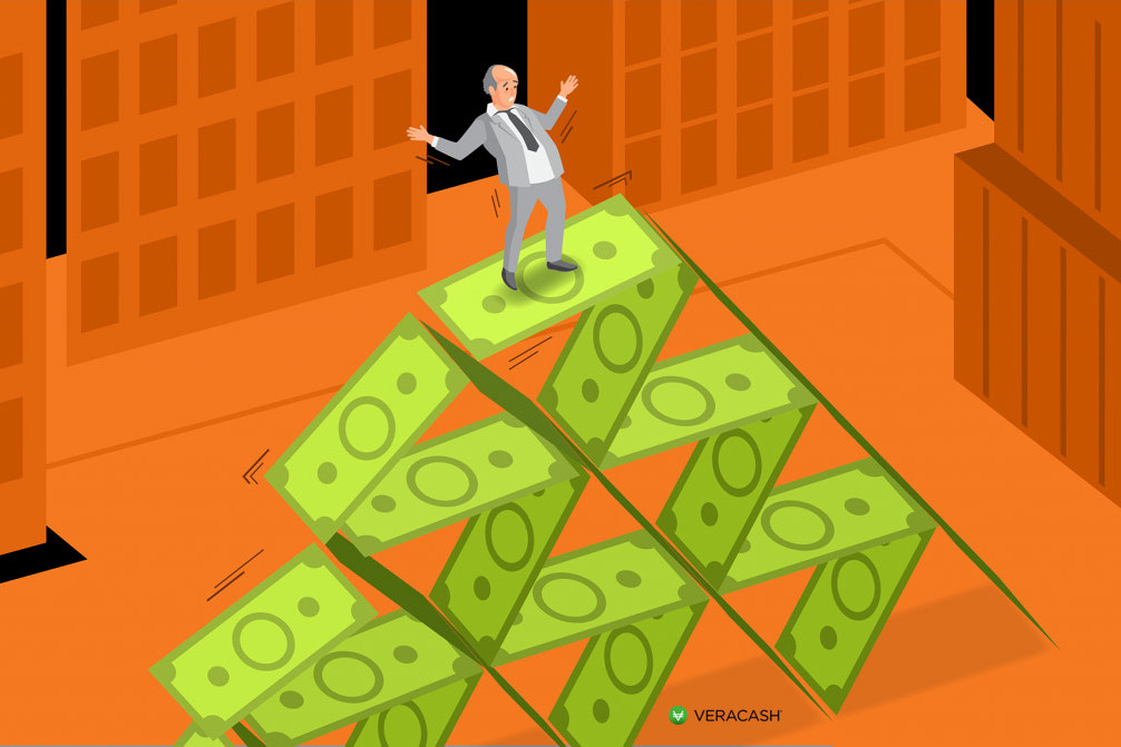 Illustration orange bank banquier déséquilibre pile de billets