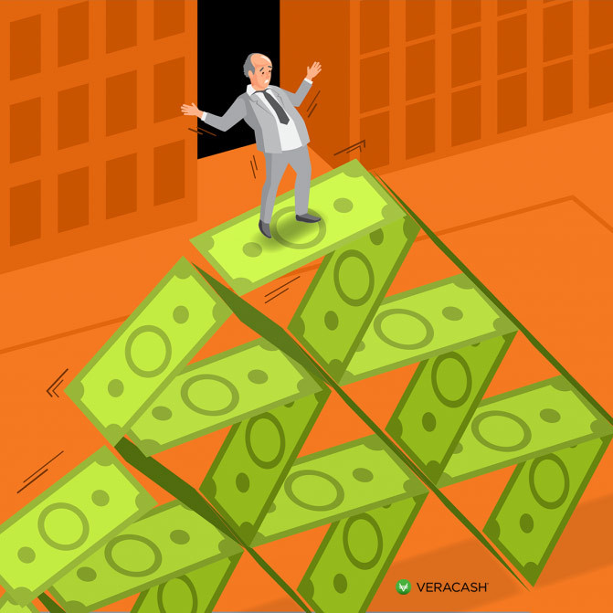 Illustration orange bank banquier déséquilibre pile de billets