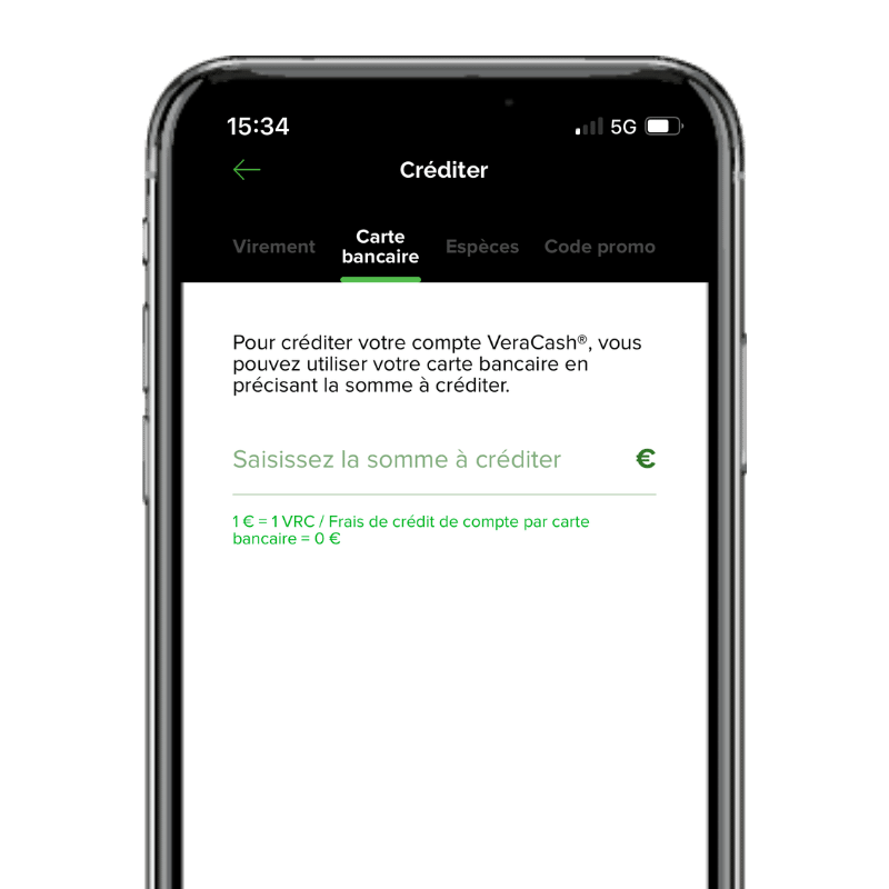 Capture de l'écran créditer le compte Veracash avec l'onglet Carte bancaire actif