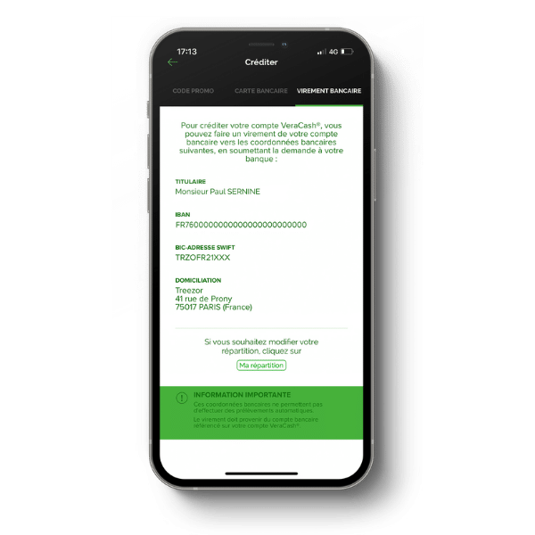 Mockup d'un iphone avec l'iban de veracash qui permet d'effectuer des virements