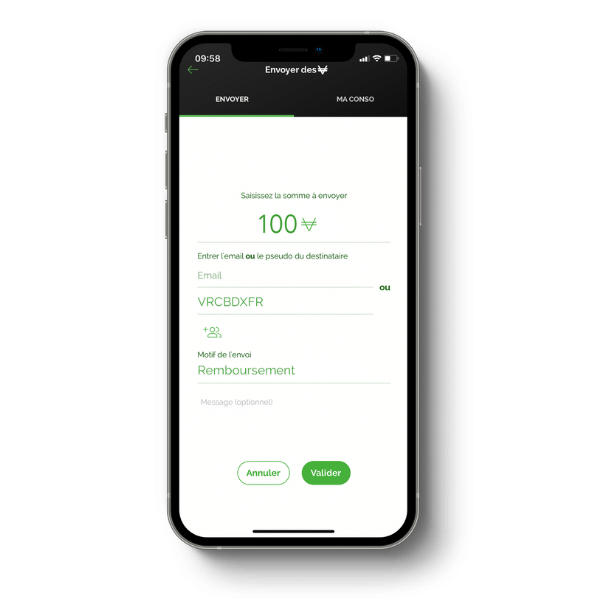 Capture de l'écran envoi de VRC dans l'application Veracash