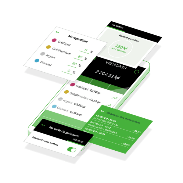 phone mockup with the different elements of the VeraCash application
