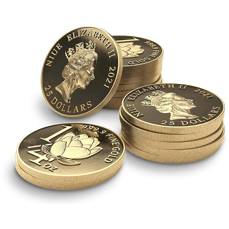 Pile de pièces en or pur 1/4 d'once à cours légal avec l'effigie d'Elizabeth II