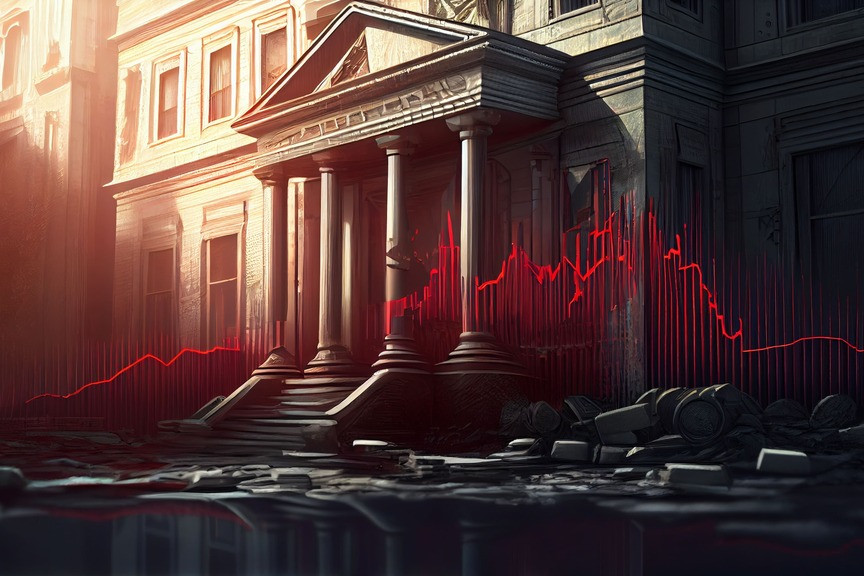 bâtiment ravagé par la faillite bancaire et des cours boursiers qui chutent