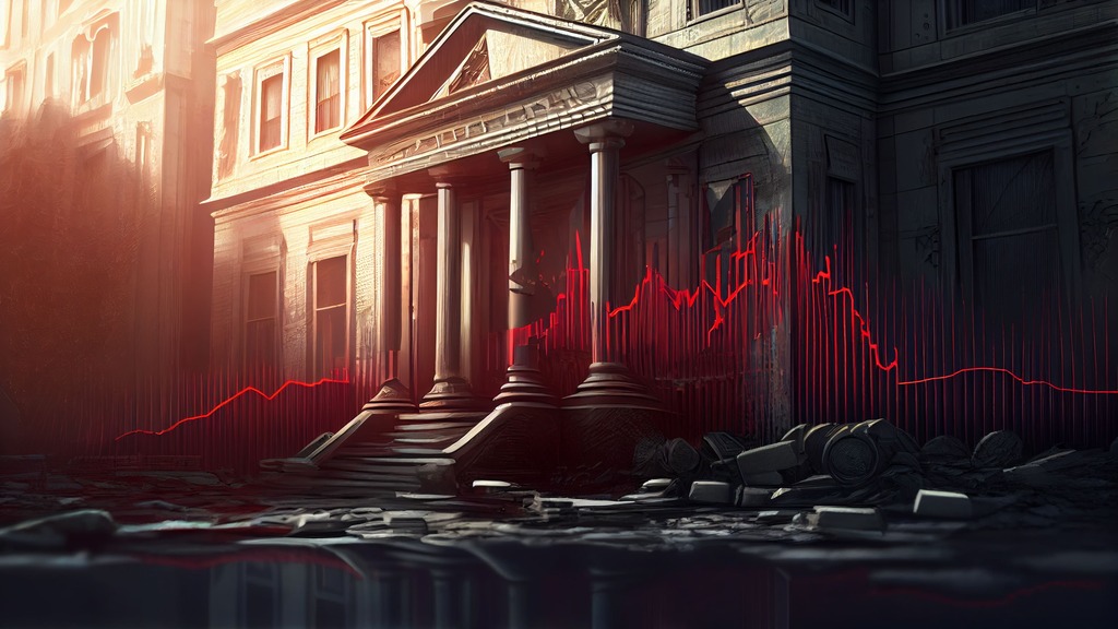 bâtiment ravagé par la faillite bancaire et des cours boursiers qui chutent