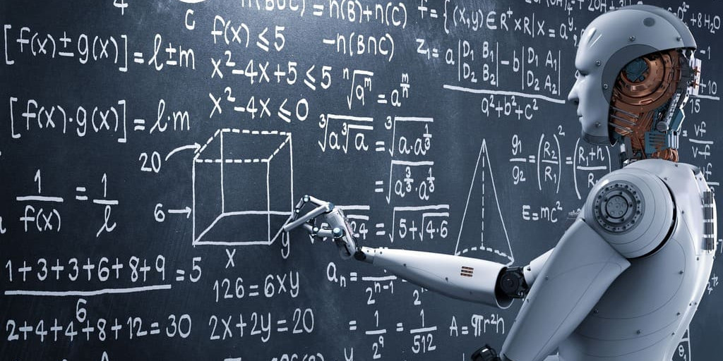 robot doté d'une intelligence artificielle devant un tableau à craie résolvant des sujets relatifs à la finance