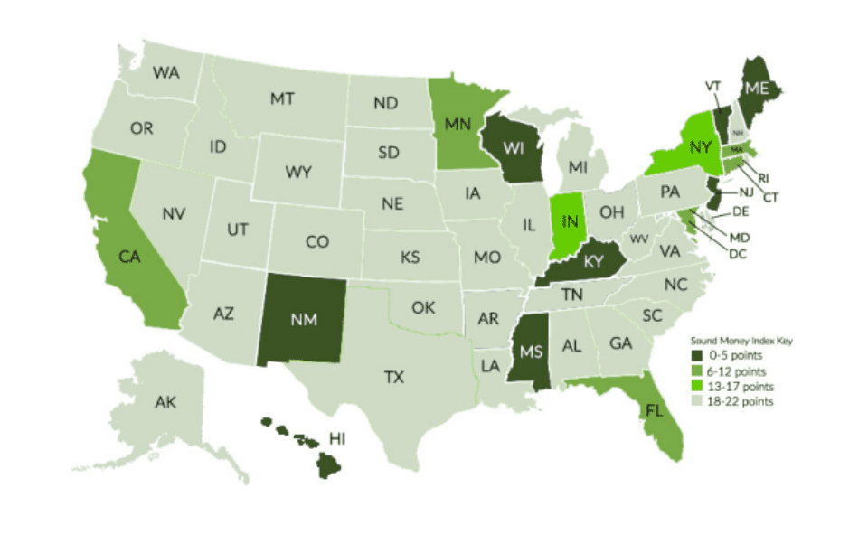 carte des Etats Unis présentant les différentes fiscalités de l'or selon les états