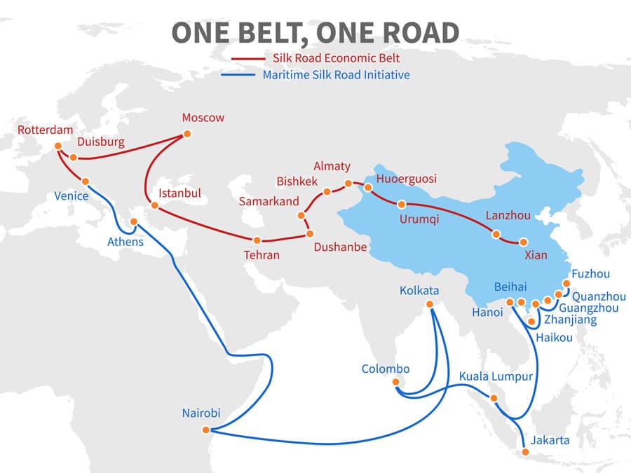 carte représentant la nouvelle route de la soie