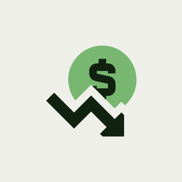 Illustration d'un pictogramme avec un dollar et une courbe dollar faible en baisse