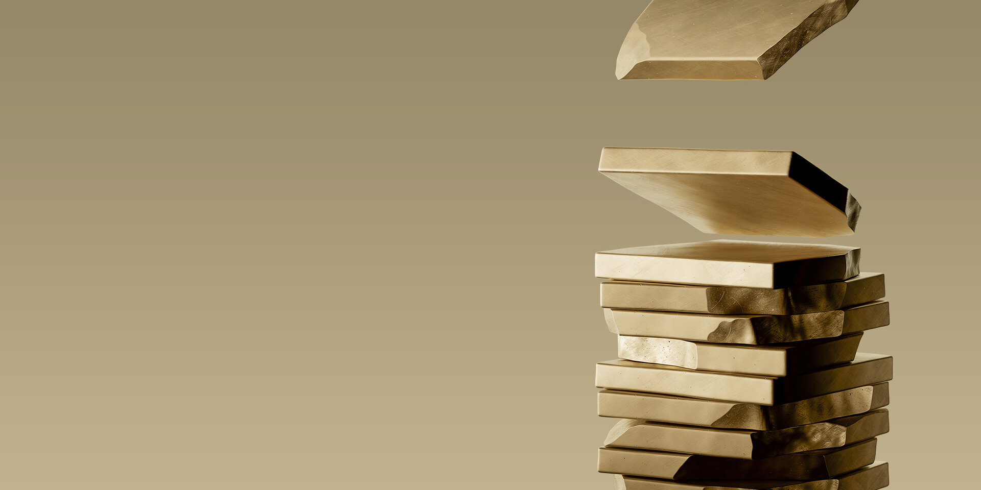 Image 3D de plaques d'or brutes empilées pour matérialiser le sous-jacent Veracash dans une logique d'épargne en or