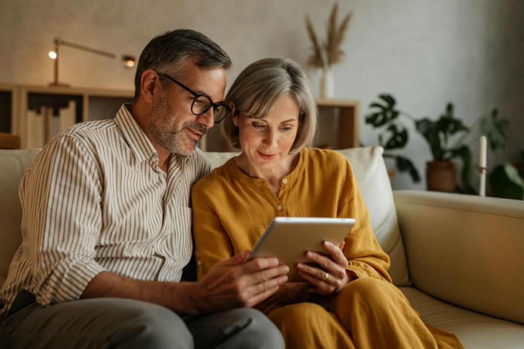 Couple consultant ses investissements sur une tablette