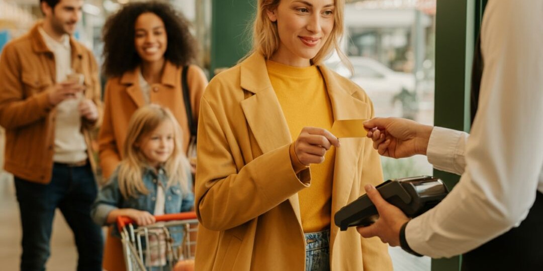 Jeune femme payant ses courses au supermarché avec sa carte Veracash