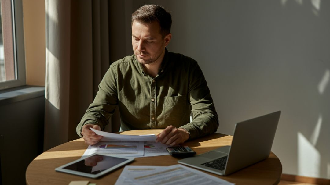 Homme assis à table en train de consulter ses différents investissements
