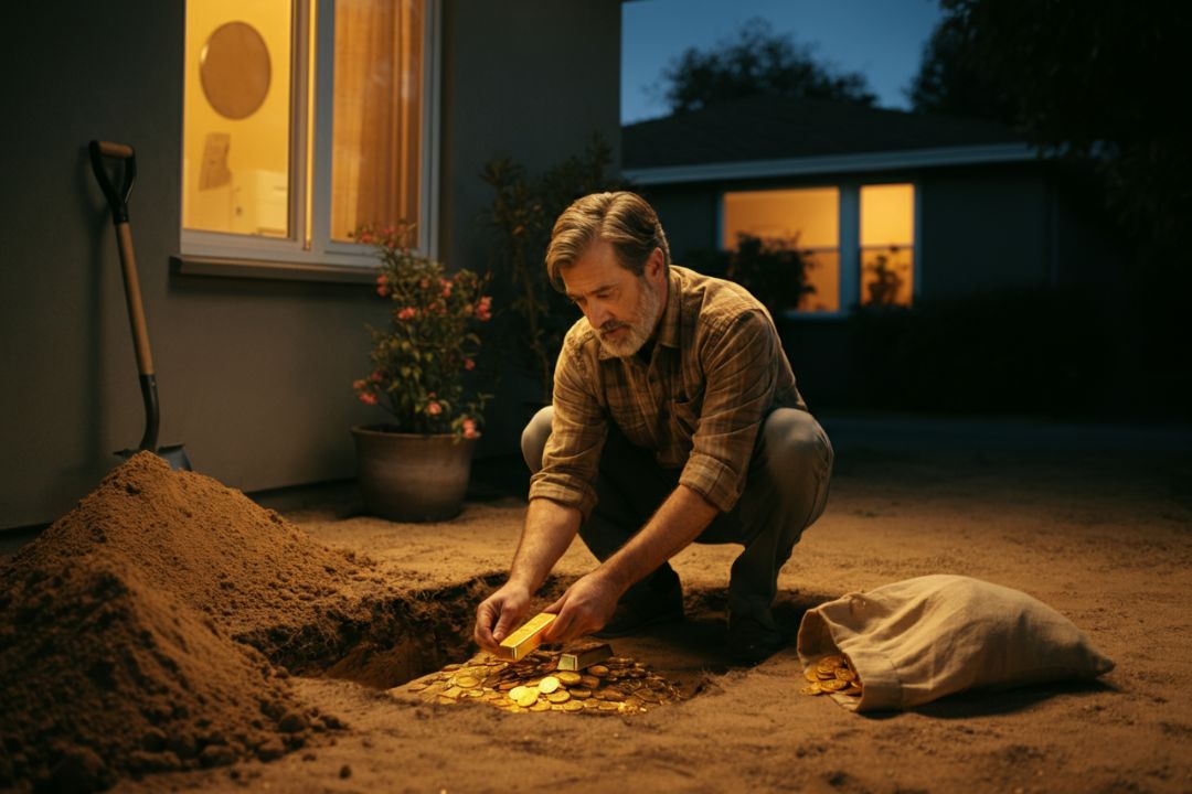un homme enterre de l'or dans son jardin à l'abris des regards indiscrets