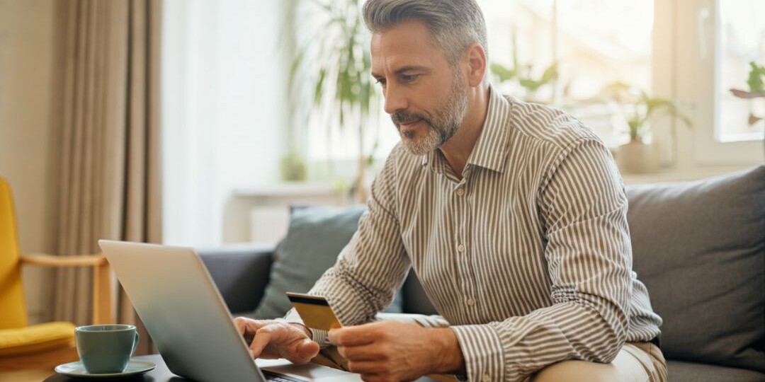 Homme cinquantenaire qui effectue un paiement en ligne avec sa carte de débit