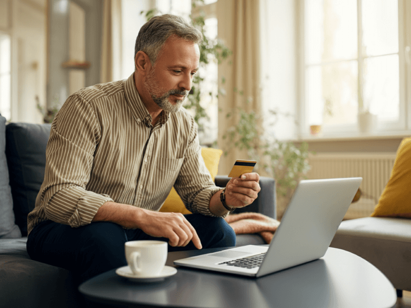 Homme sur son pc portable avec une carte de paiement à la main