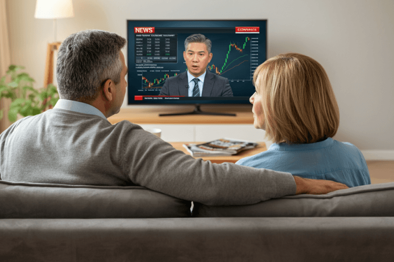Couple de la cinquantaine qui regarde les informations économiques et financières à la télévision