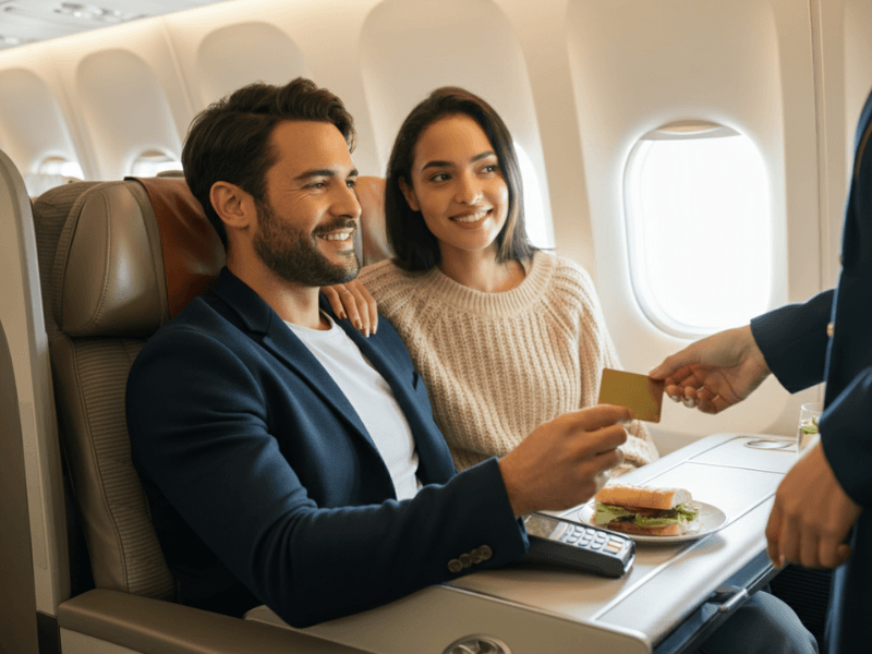 Jeune couple qui paie son repas par carte bancaire dans un avion