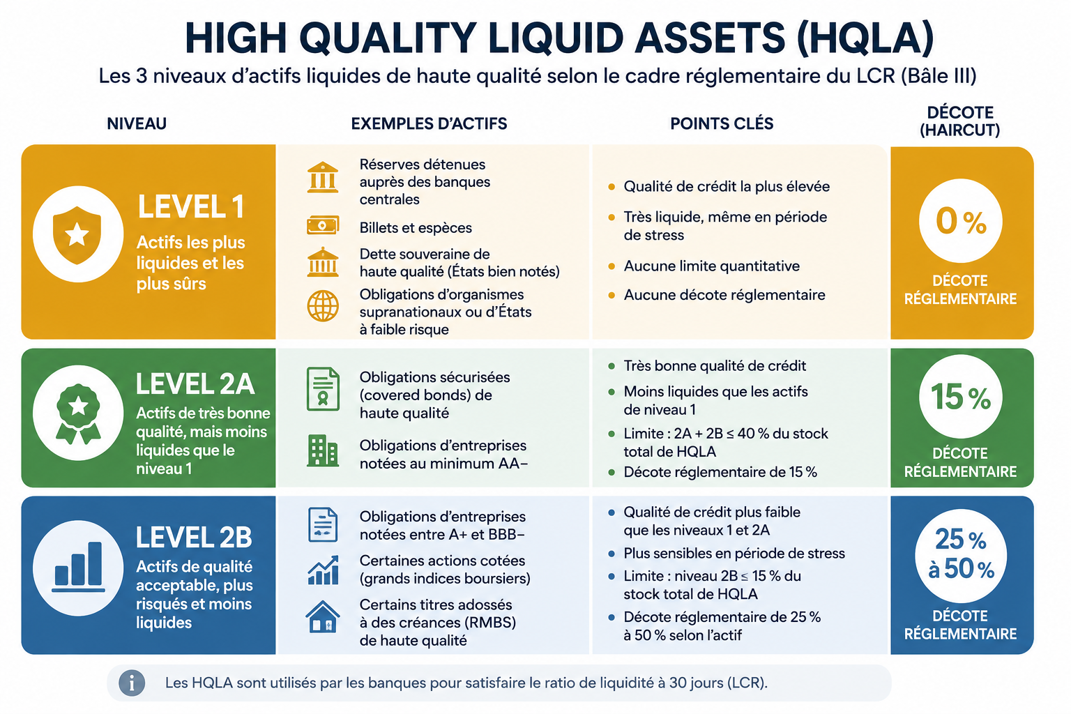 Les 3 nivaux (levels) de High Quality Liquid Assets